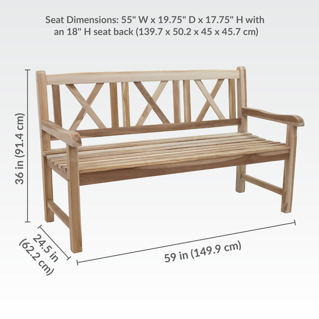 Cross-Back 2-Person Teak Patio Bench for Outside
