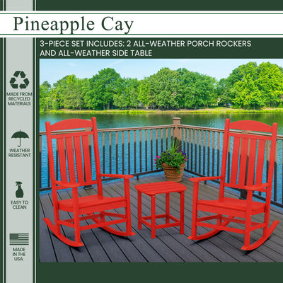 Hanover All-Weather Porch Rocker Set: 2 Porch Rockers and Side Table - Sunset Red